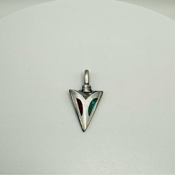 Vintage Sterling Silver Arrowhead Pendant with Turquoise & Red Inlay - Picture 1 of 3